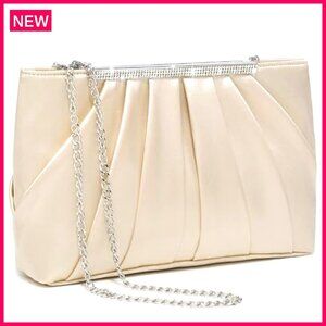 Elegant Pleated Evening Clutch with Rhinestones, Detachable Chain Strap